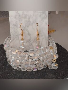 Clear Crystal Bead Dangle Earrings with Gold Accents